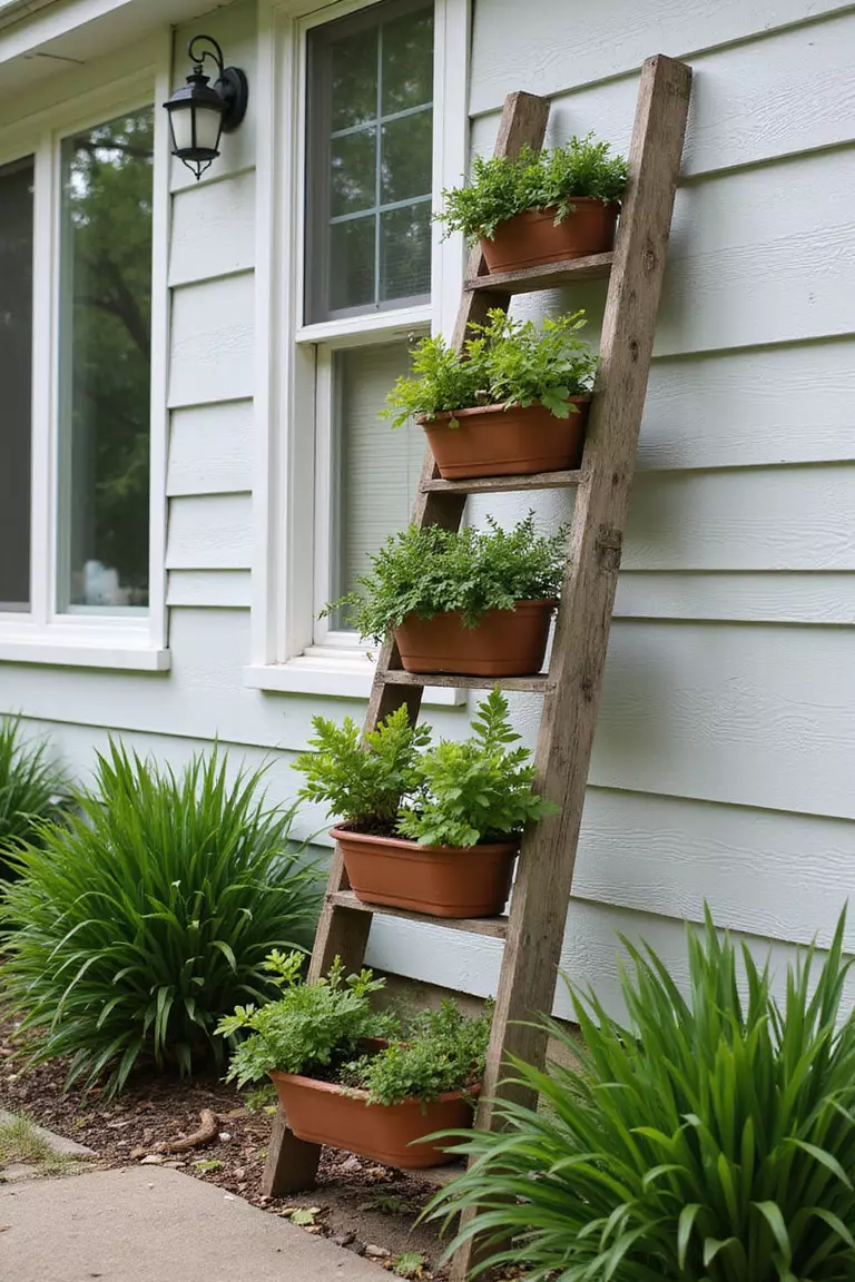 Upcycled Ladder Plant Display A photo of a typical American home's garden featuring an old wooden ladder leaning against a wall with potted plants on each rung, creating a vertical garden effect.