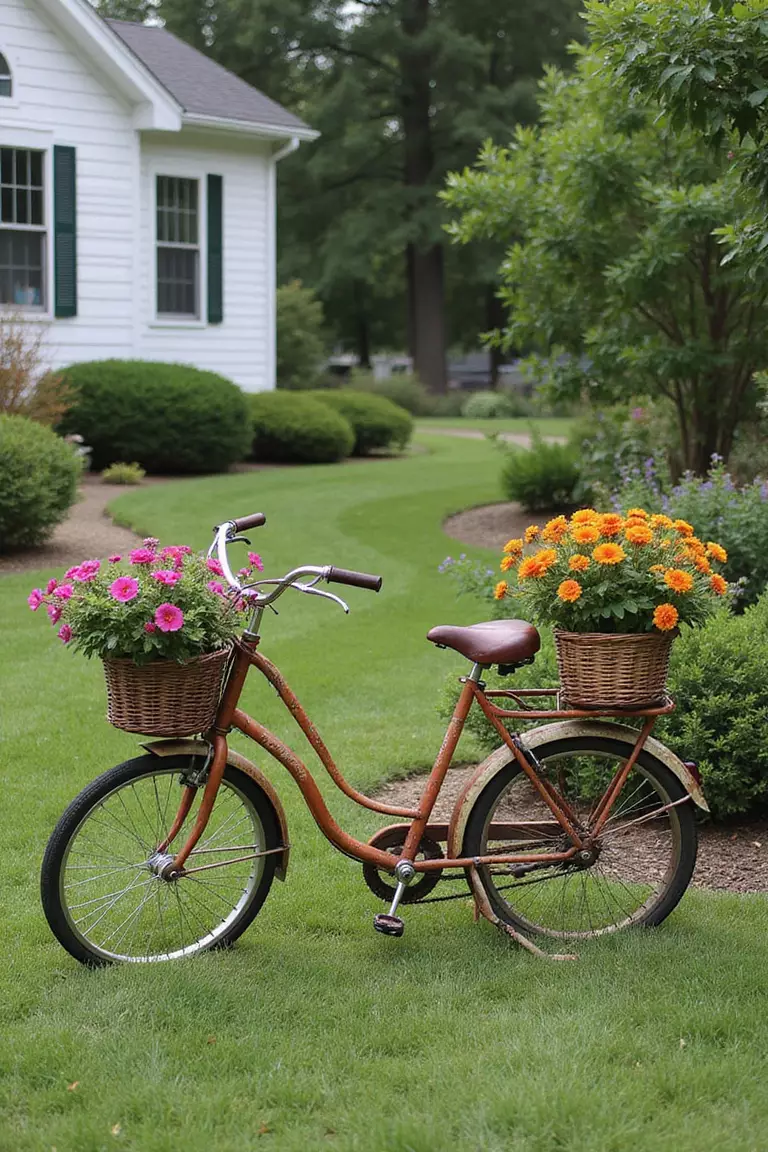 A photo of a typical American home's garden with an old painted bicycle featuring baskets filled with bright flowers on the handlebars and behind the seat.