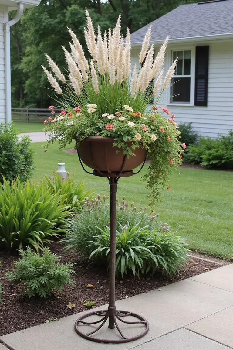 A photo of a typical American home's garden featuring an old umbrella stand repurposed as a tall planter on a patio, filled with tall ornamental grasses and cascading flowers.