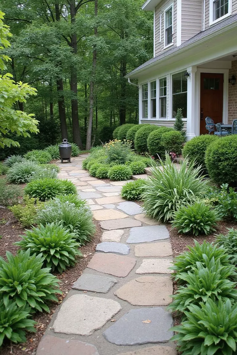 A photo of a typical American home's garden featuring large flat irregular flagstones creating a natural-looking pathway through lush groundcover plants.