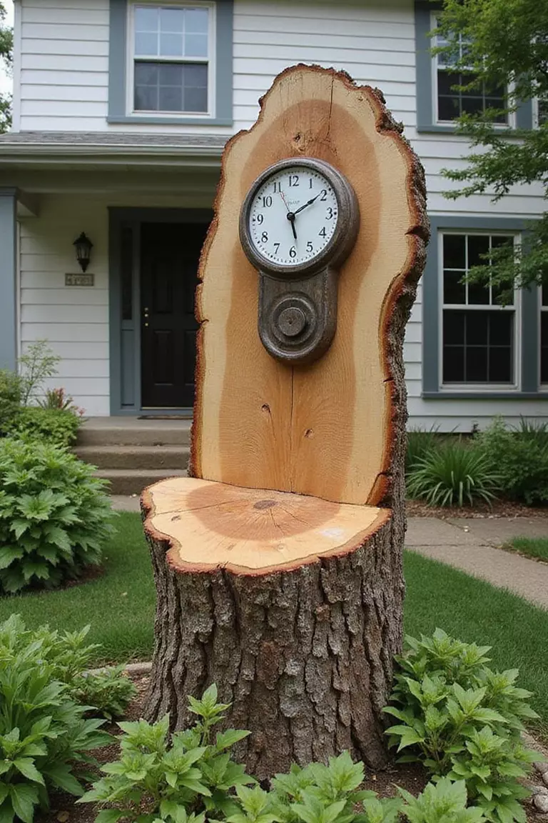 A close-up photo of a typical American home's garden featuring a flat tree stump with a large outdoor clock mechanism installed in the center, surrounded by garden plants.