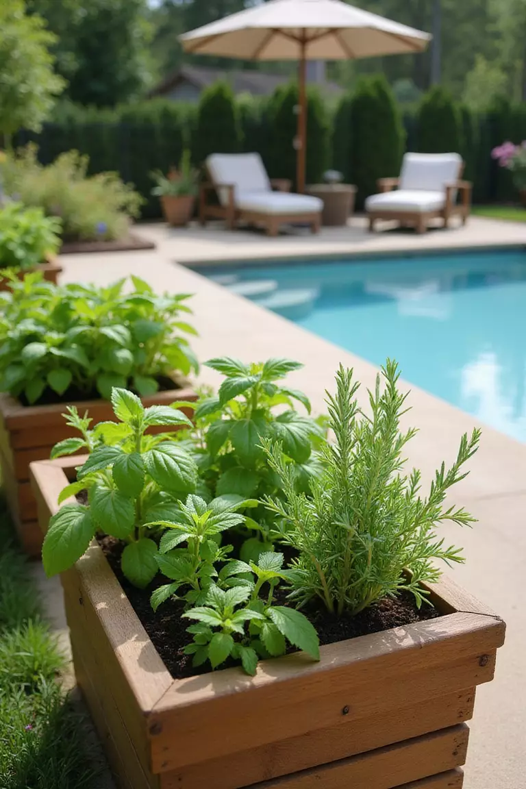 A close-up photo of a typical American home's garden with rectangular wooden planters filled with culinary herbs like basil, mint, and rosemary positioned near a pool seating area.