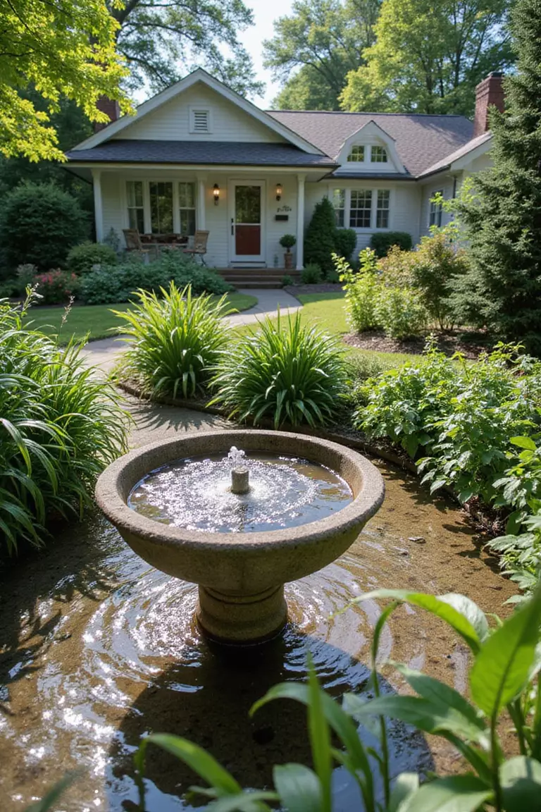 Backyard of a typical American suburban home with a garden containing a small bubbling stone fountain surrounded by lush plants, water glistening in sunlight, creating a peaceful atmosphere.