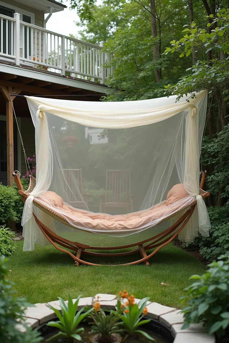 Hammock with Mosquito Net Backyard of a typical American suburban home with a garden featuring a hammock enclosed in a protective mosquito net canopy, placed near a small garden pond with plants.