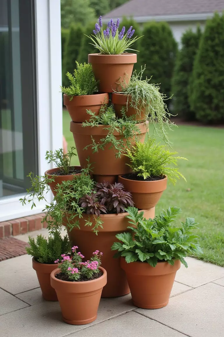 A photo of a typical American home's garden featuring terracotta pots stacked at angles to create a vertical tower on a patio, with different plants spilling out from each level.