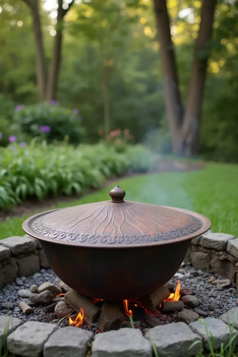 A photo of a typical American home's garden with a fire pit featuring a metal lid or cover being placed on top, outdoor setting with trees in background