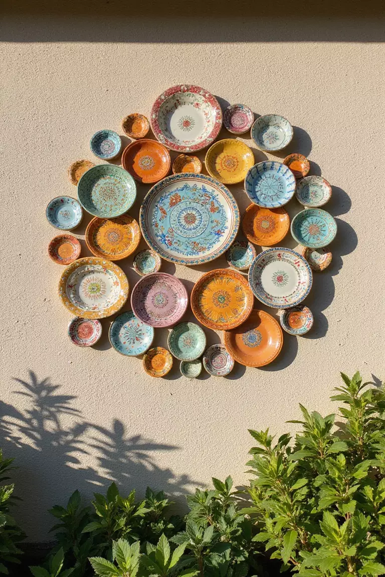 Decorative Plates Display A close-up photo of a typical American home's garden wall with colorful ceramic plates arranged in a pattern, mounted on a neutral stucco backdrop with soft sunlight.