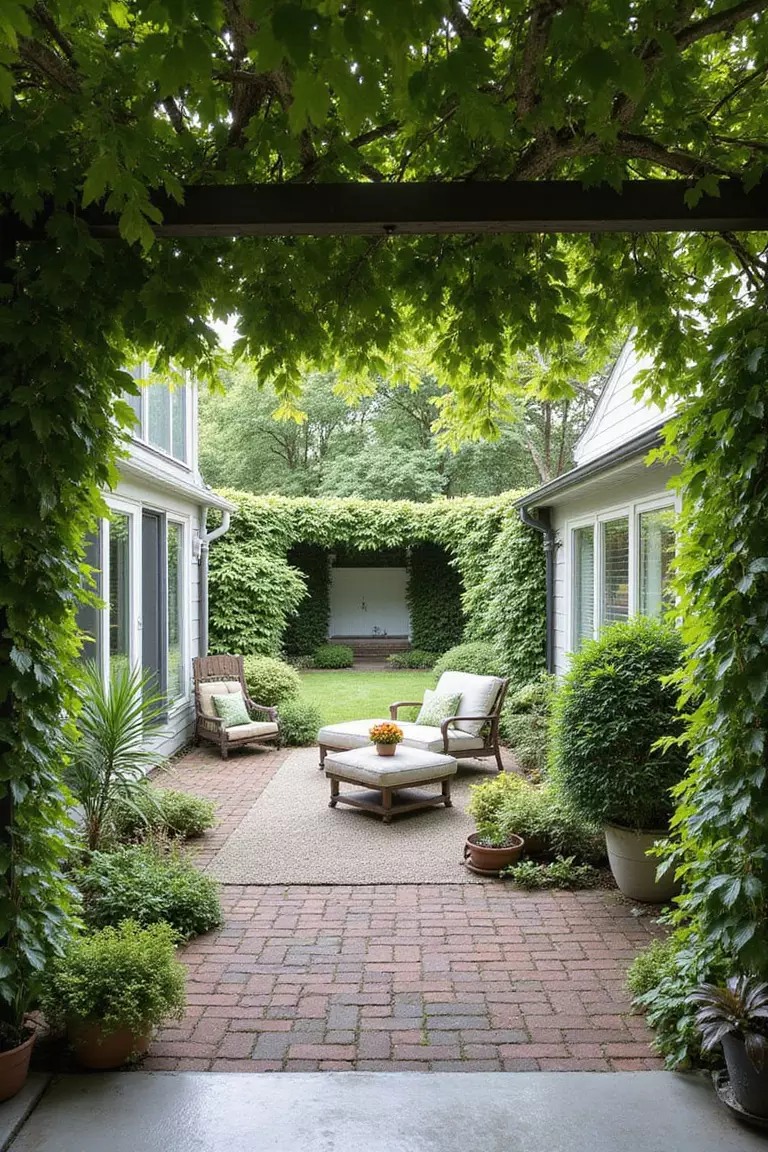 A close-up photo of a typical American home's garden patio with abundant hanging plants creating a ceiling-like privacy barrier