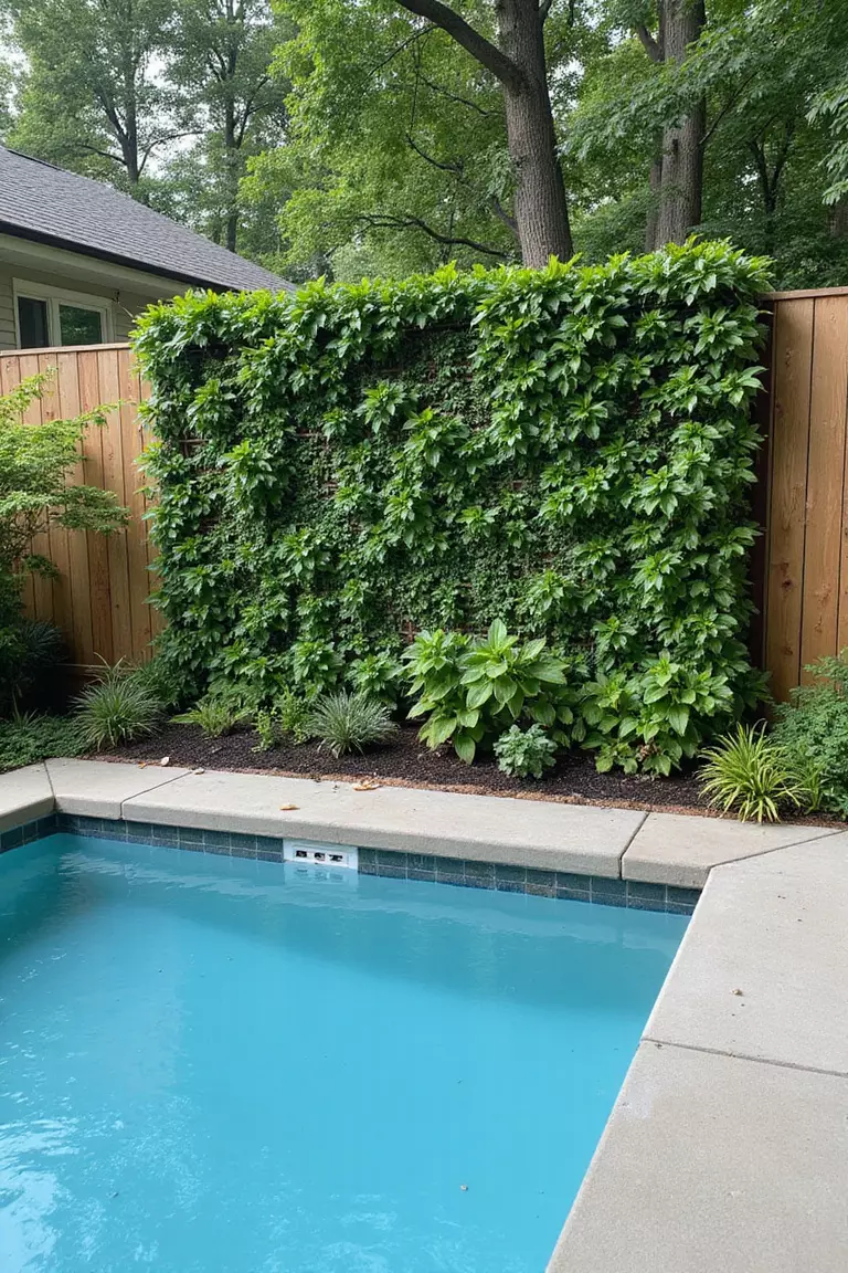 A photo of a typical American home's garden featuring a lush living wall system with various plants growing vertically beside a rectangular swimming pool.