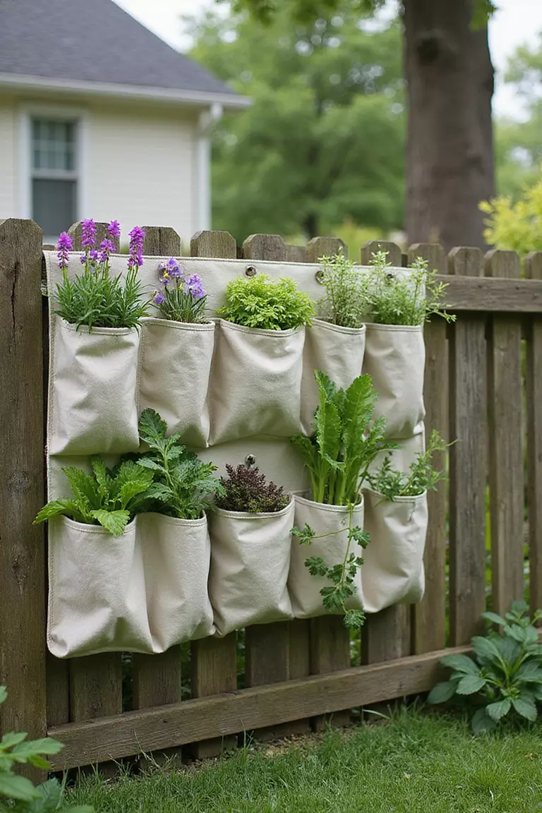 A photo of a typical American home's garden with a cloth shoe organizer hanging on a fence, each pocket filled with herbs, lettuce and small flowering plants.