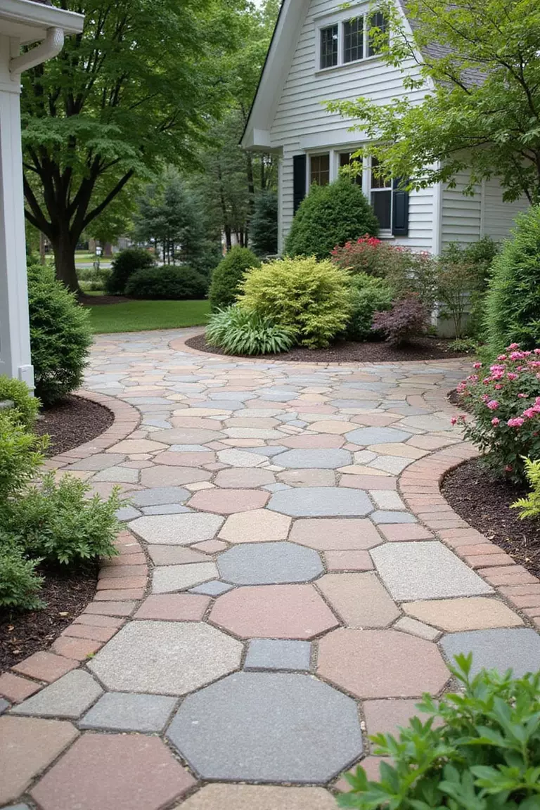 A close-up photo of a typical American home's garden patio featuring a mix of hexagonal, square, and rectangular pavers creating an organic pattern.