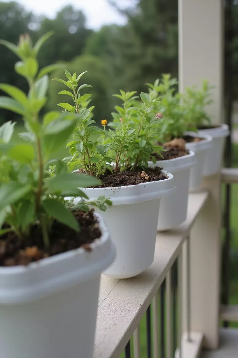 A close-up photo of a typical American home's garden with sections of rain gutter mounted on a patio railing, filled with a row of herbs and small flowering plants.