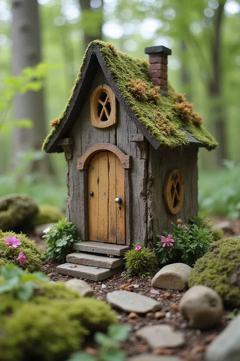 A close-up photo of a typical American home's garden featuring a quirky fairy house made from scrap wood pieces in different shapes and colors, with a moss roof and tiny door.