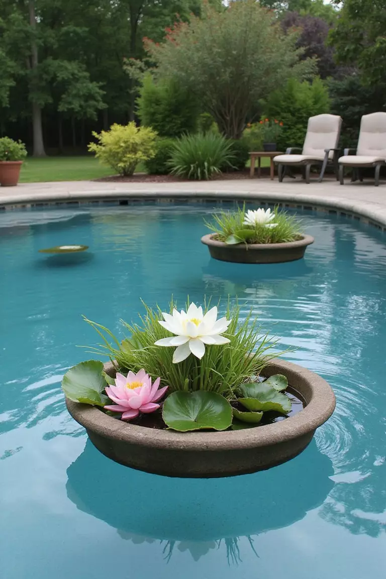 A photo of a typical American home's garden with circular floating planters containing water lilies and aquatic plants drifting on a swimming pool surface.