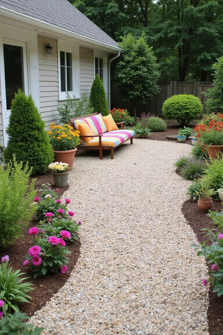 A photo of a typical American home's garden gravel patio with vibrant potted plants, colorful outdoor cushions, and decorative elements contrasting with neutral gravel.