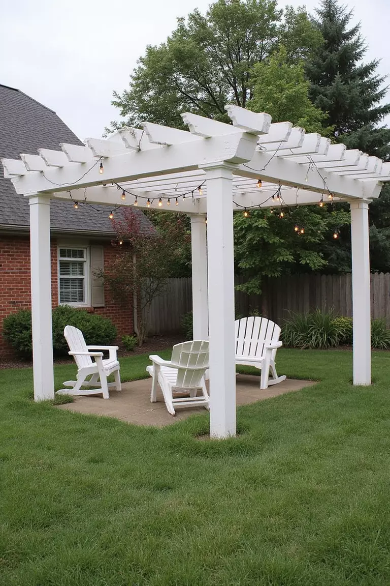 Backyard of a typical American suburban home with a garden showing a pergola constructed from repurposed wooden pallets, painted white with string lights and simple garden furniture underneath.