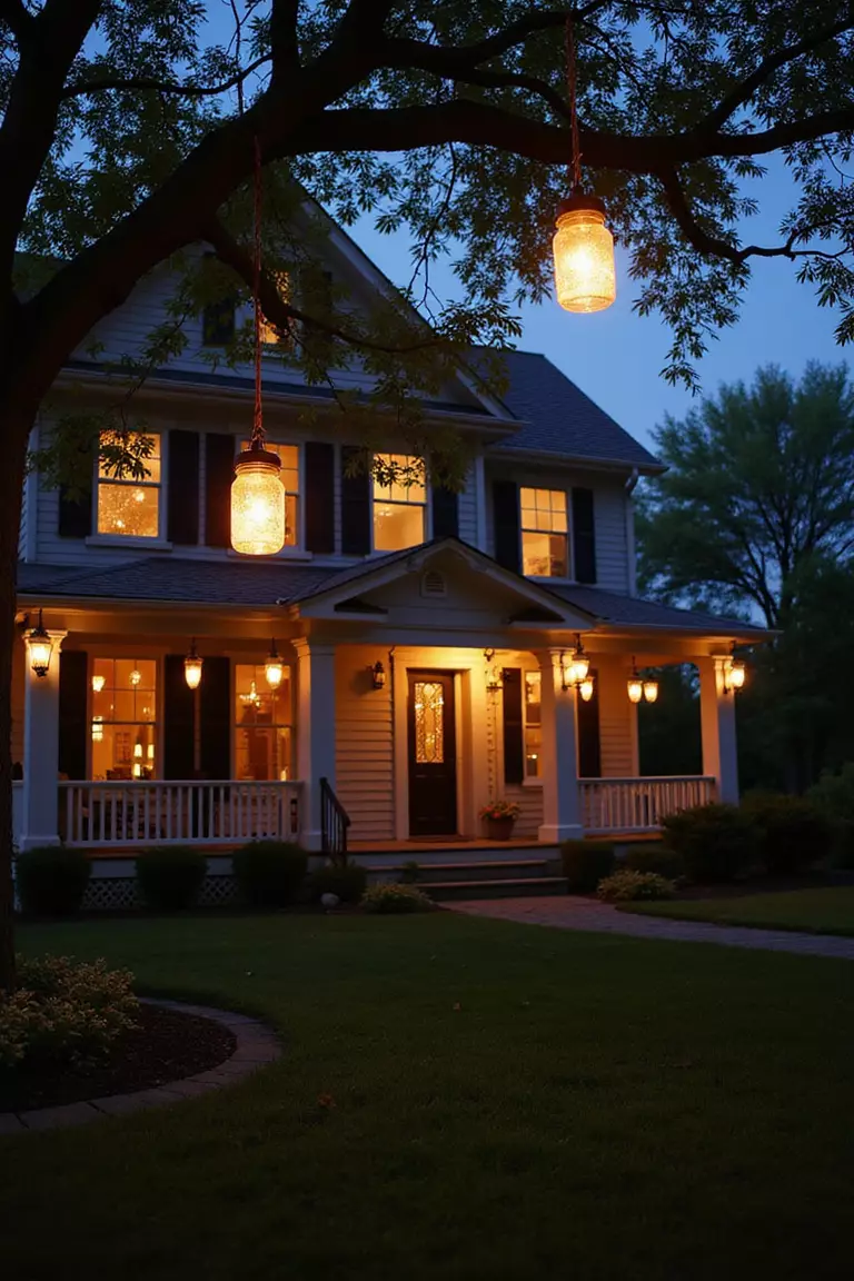 Mason Jar Solar Lights A photo of a typical American home's garden at dusk with glowing mason jar solar lights hanging from tree branches, creating a warm, magical ambiance in the twilight.