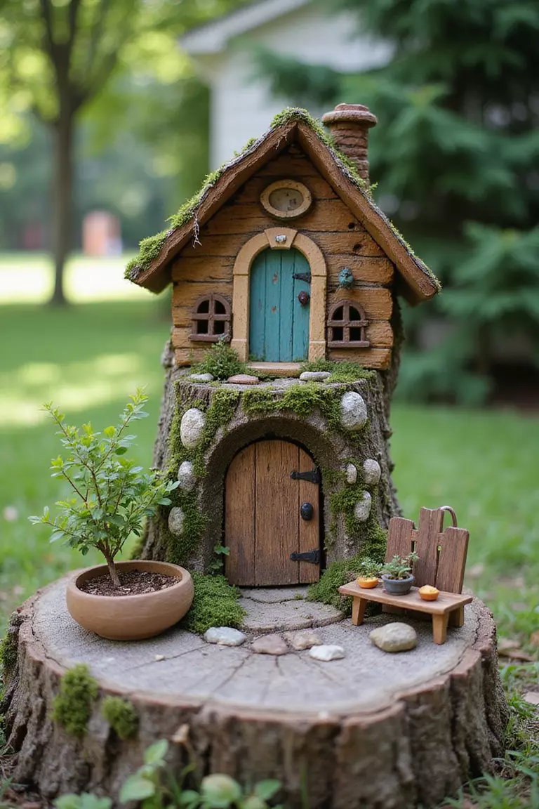 A close-up photo of a typical American home's garden featuring a tree stump transformed into a whimsical fairy garden with tiny doors, miniature furniture, and small plants.