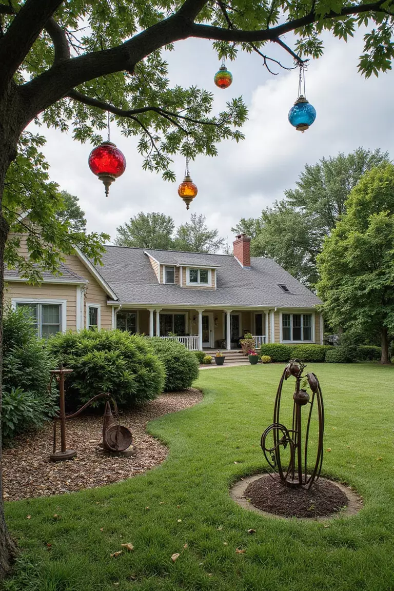 Backyard of a typical American suburban home with a garden displaying weather-resistant metal sculptures and colorful glass ornaments hanging from tree branches.