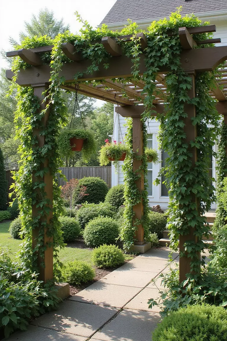 A photo of a typical American home's garden with a suspended trellis frame hanging from pergola beams, draped with trailing vines and hanging plants creating a living curtain.