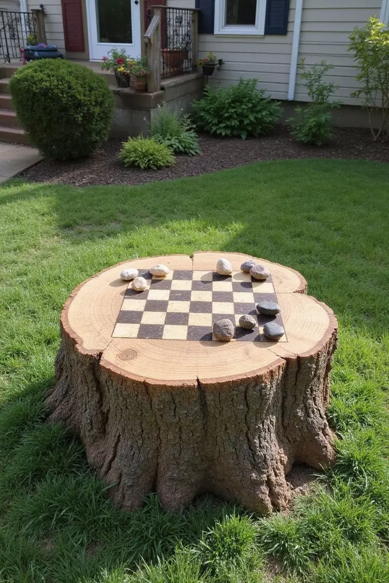 A photo of a typical American home's garden featuring a flat-topped tree stump with a checkerboard pattern painted on top and natural stones used as game pieces.