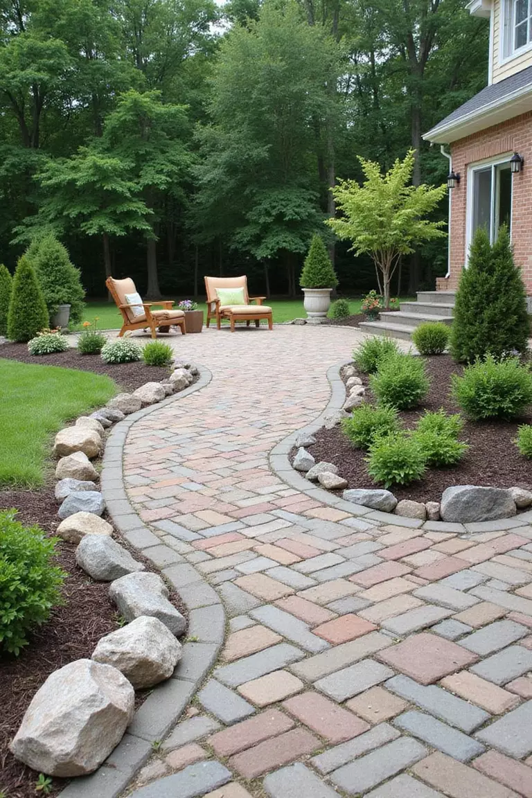 A photo of a typical American home's garden patio with pavers interspersed with sections of smooth river rocks creating drainage areas and visual texture.