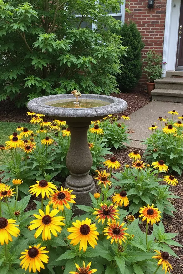 A photo of a typical American home's garden with berry-producing shrubs, seed-producing perennials, and a small birdbath surrounded by coneflowers and black-eyed susans