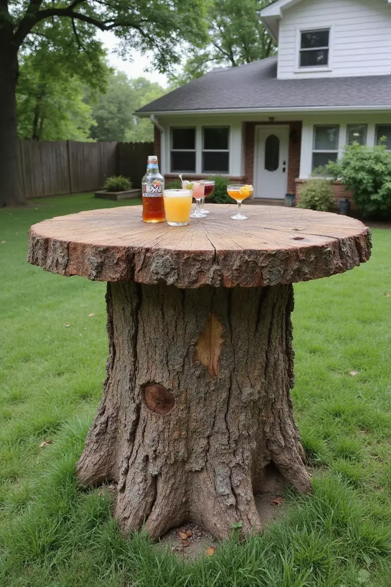 A photo of a typical American home's garden featuring a tall tree stump that has been flattened on top to serve as a rustic outdoor bar with drinks and glasses.