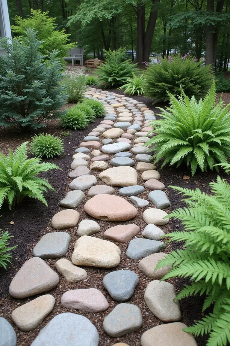 A photo of a typical American home's garden featuring a pathway made of smooth, round river rocks in varying sizes and earth tones, bordered by ferns and hostas in a shady setting.