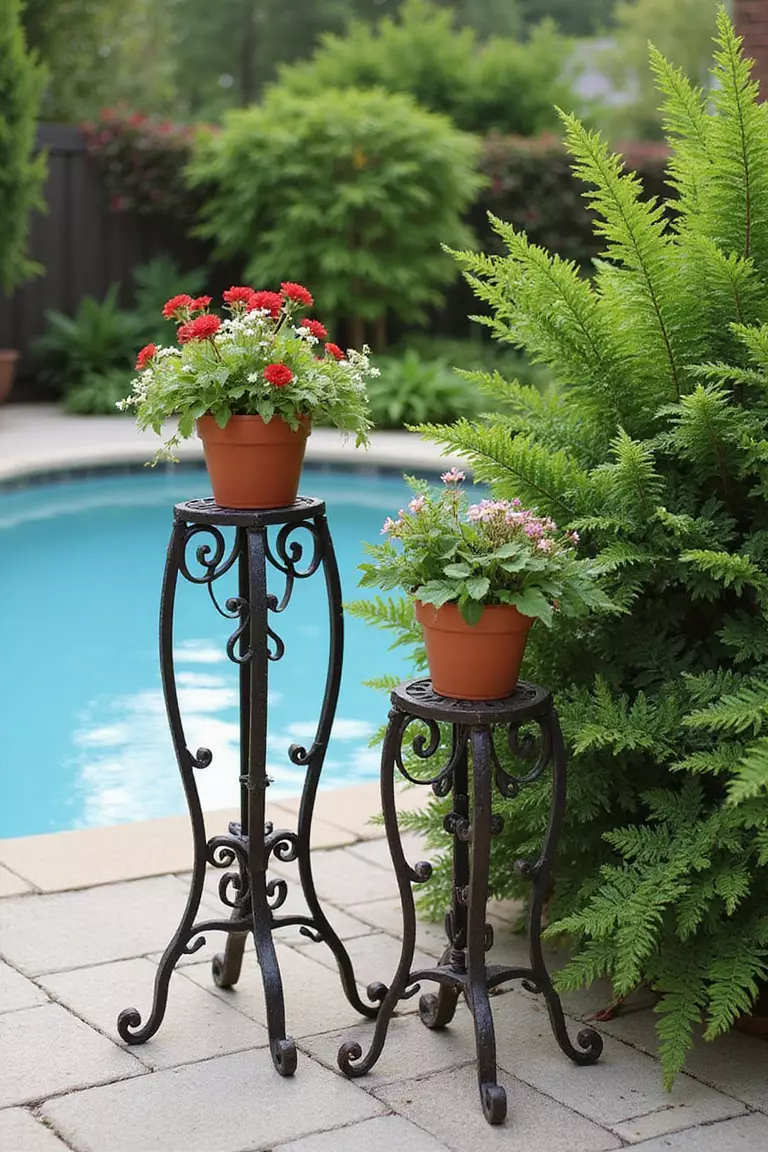 A photo of a typical American home's garden with ornate wrought iron plant stands of varying heights holding pots of ferns and flowering plants beside a pool.
