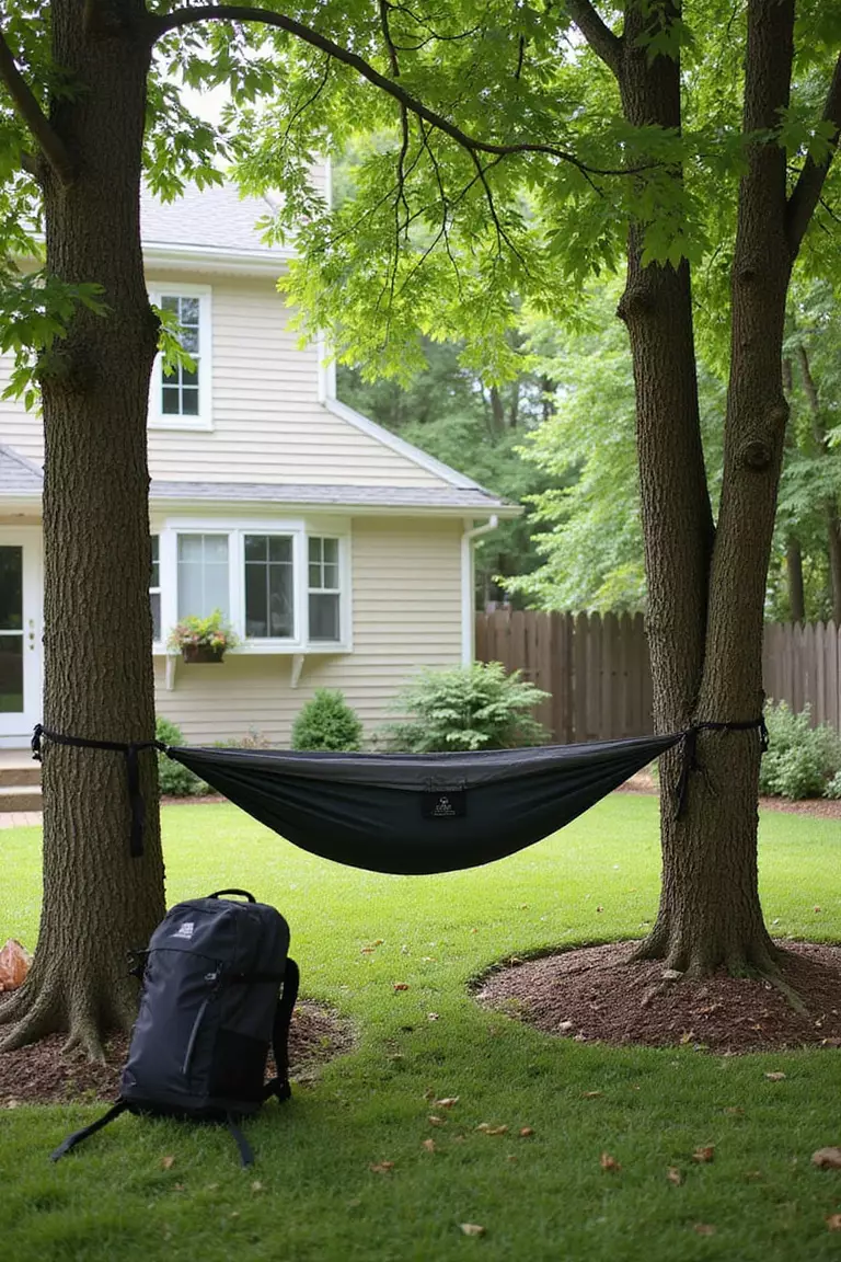 Portable Hammock Setup Backyard of a typical American suburban home with a garden showing a lightweight travel hammock with compact straps being set up between trees, with a small backpack nearby.