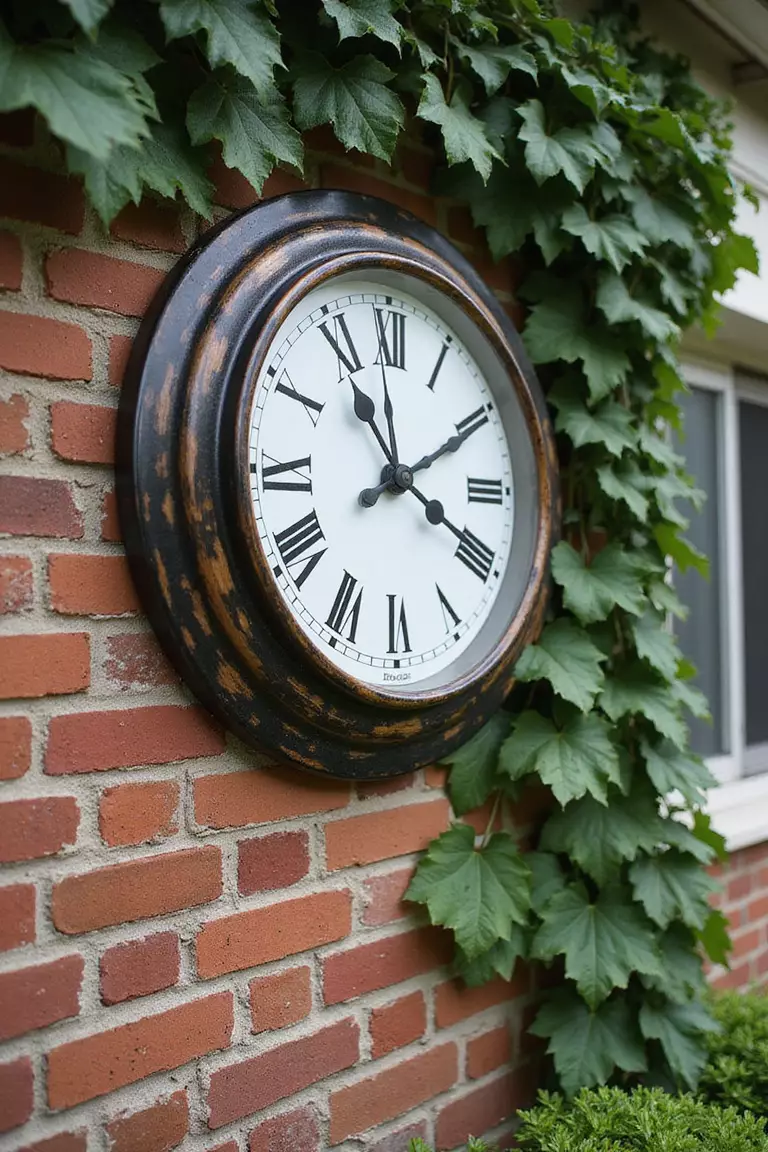 Outdoor Clock A photo of a typical American home's garden wall featuring a large weatherproof vintage-style clock mounted on brick with climbing ivy around its edges.