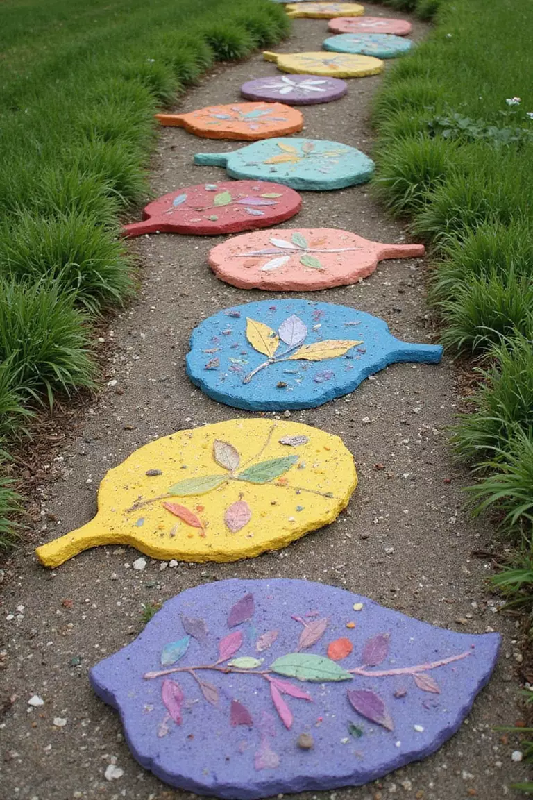 Painted Stepping Stones A close-up photo of a typical American home's garden path with handmade colorful concrete stepping stones featuring leaf imprints, mosaic pieces, and painted designs.