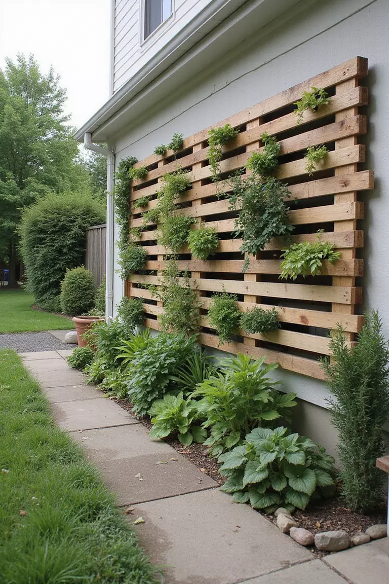 A photo of a typical American home's garden with a wooden pallet mounted vertically on a patio wall, transformed into a living wall with various plants growing from between the slats.