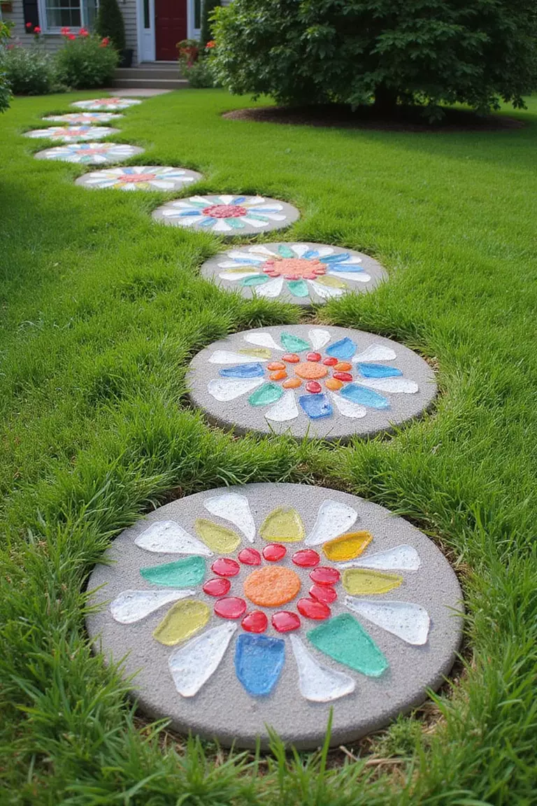 A close-up photo of a typical American home's garden path with handmade circular concrete stepping stones embedded with colorful glass pieces, forming flower patterns across green grass.