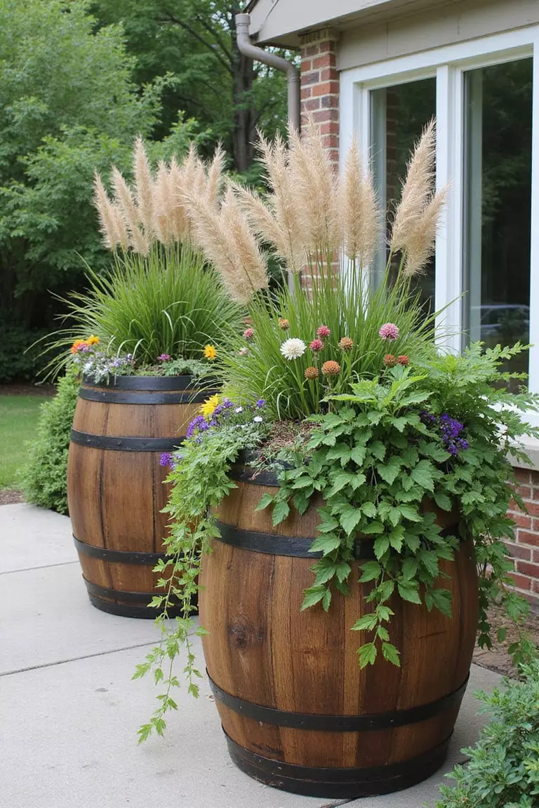 A photo of a typical American home's garden with wooden whiskey barrels used as large planters on a patio, filled with a mix of tall grasses, flowering plants, and trailing vines.