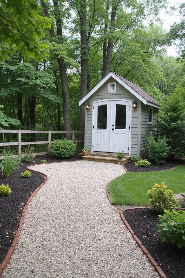 A photo of a typical American home's garden gravel patio extending around a small guesthouse or garden shed, creating a unified outdoor space.