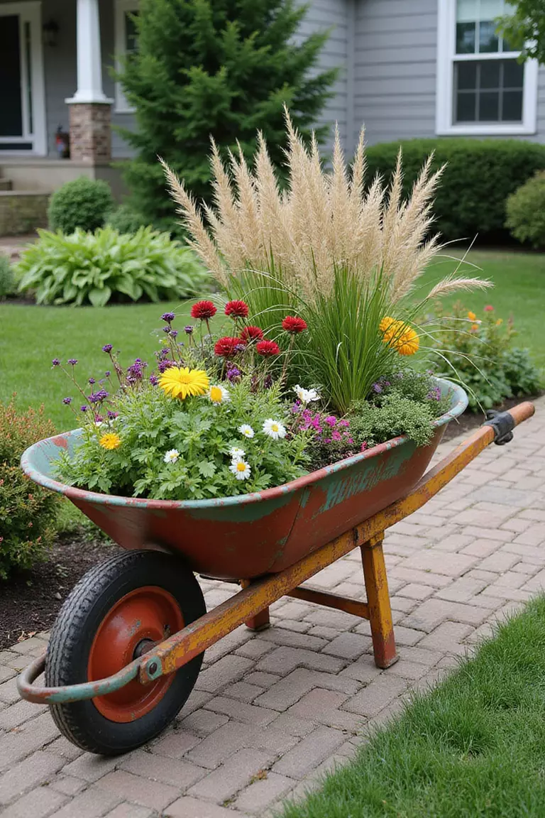 A photo of a typical American home's garden with a rustic wheelbarrow painted in bright colors, filled with cascading flowers and ornamental grasses.