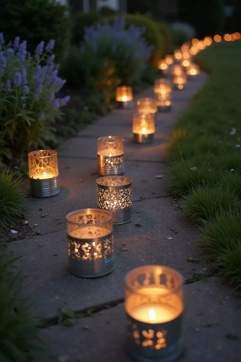 A close-up photo of a typical American home's garden path lined with tin cans punched with pattern holes, candles glowing inside, casting star patterns on a garden path.