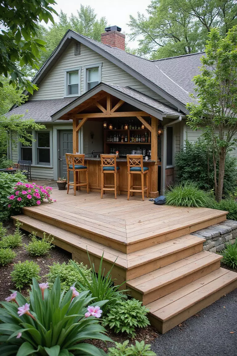 A photo of a typical American home's garden featuring a raised wooden deck with integrated bar counter and stools, surrounded by plants