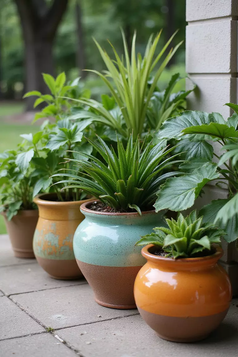 A close-up photo of a typical American home's garden displaying an arrangement of vibrant, glazed ceramic planters in various sizes containing tropical plants.