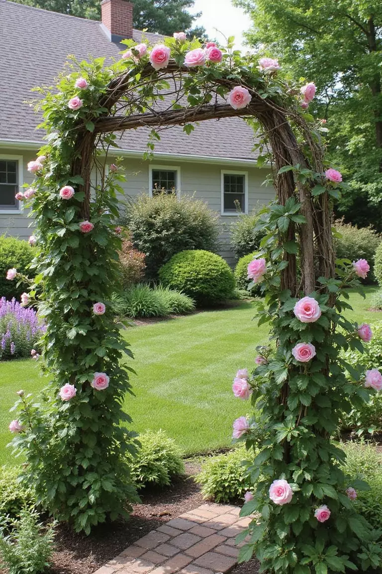 A close-up photo of a typical American home's garden featuring a handcrafted trellis made from natural branches and twigs with climbing roses and clematis.