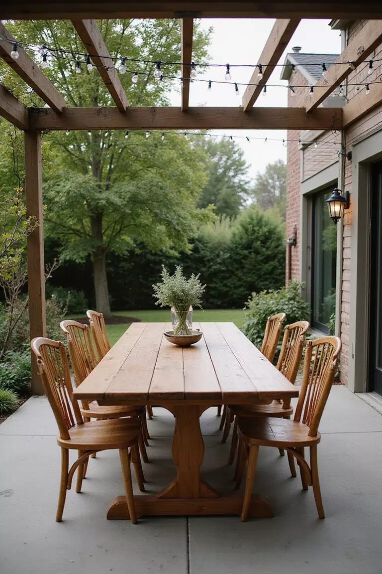 A photo of a typical American home's garden with a large wooden outdoor dining table surrounded by matching chairs under a pergola with string lights
