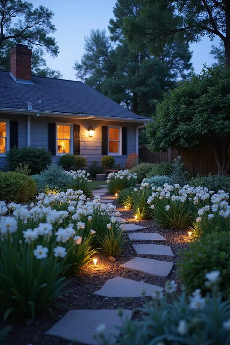 Backyard of a typical American suburban home with a garden planted with white flowers glowing in twilight, silver-leafed plants, small pathway lights, ethereal evening atmosphere.