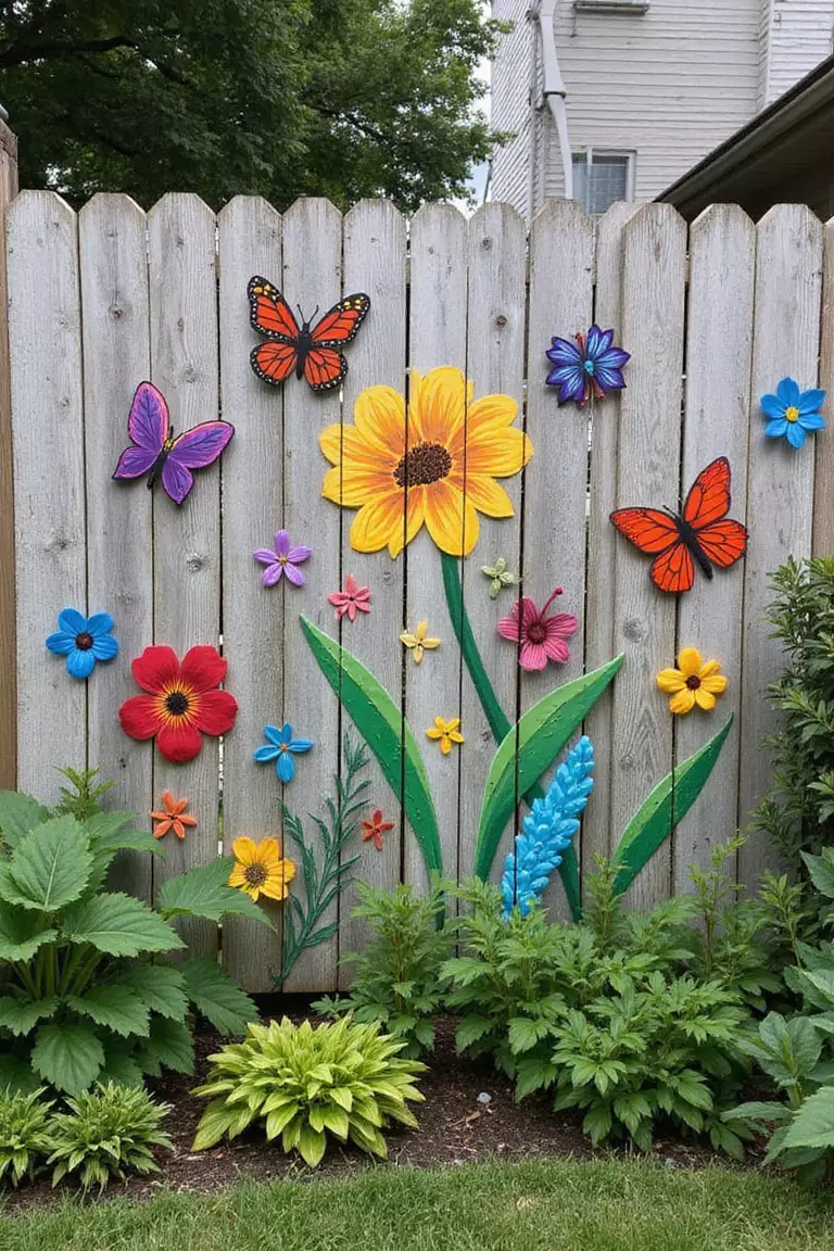Painted Garden Fence A photo of a typical American home's garden with a wooden fence painted with a colorful mural of flowers, butterflies, and abstract designs, serving as a backdrop for real plants.