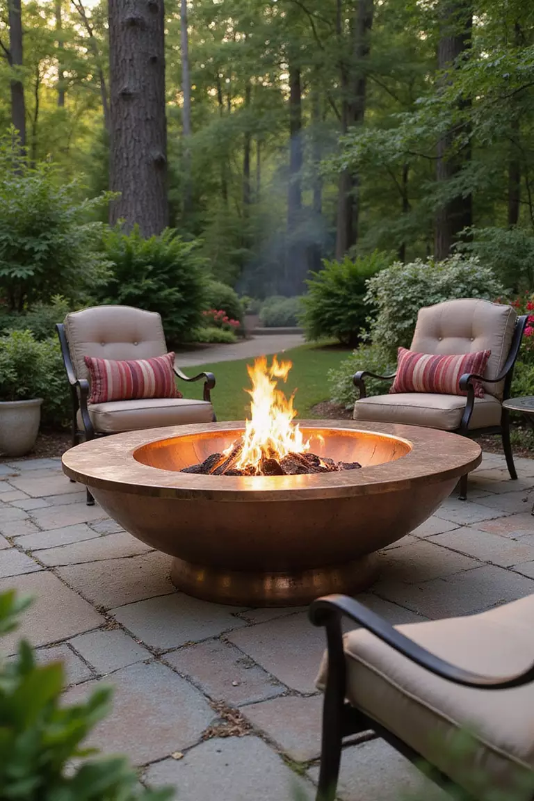 A photo of a typical American home's garden featuring a round hammered copper fire pit with patina, flames reflecting on the metal surface, surrounded by outdoor furniture
