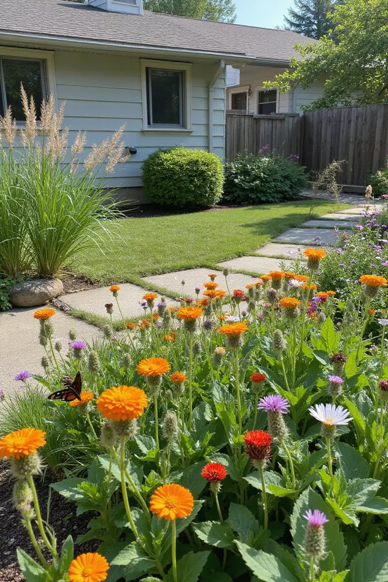 Backyard of a typical American suburban home with a garden filled with local wildflowers, native grasses swaying in breeze, natural stone features, butterfly visiting bloom.