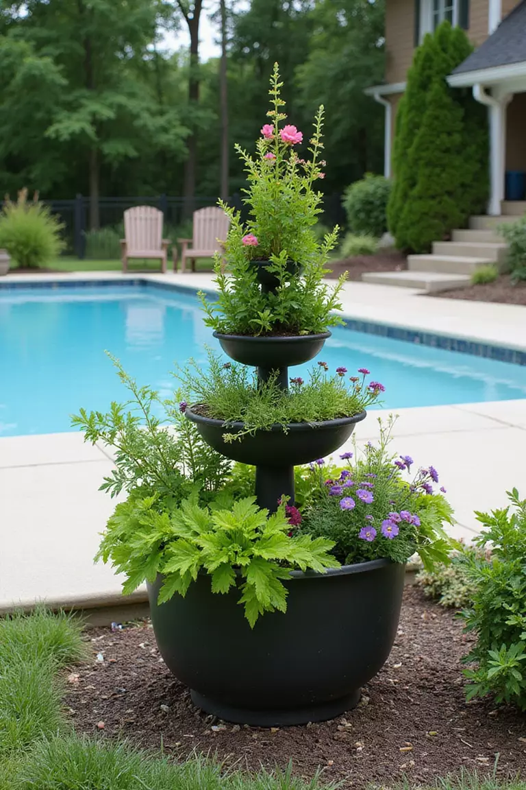A photo of a typical American home's garden with a spiral-shaped raised planter filled with various herbs and edible flowers positioned safely near a family swimming pool.