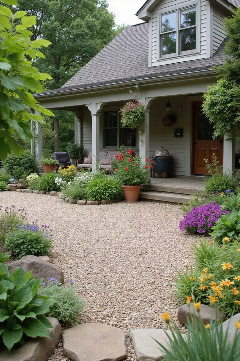 A close-up photo of a typical American home's garden gravel patio with rustic elements, wildflowers, and cottage-style accessories creating a charming, informal atmosphere.