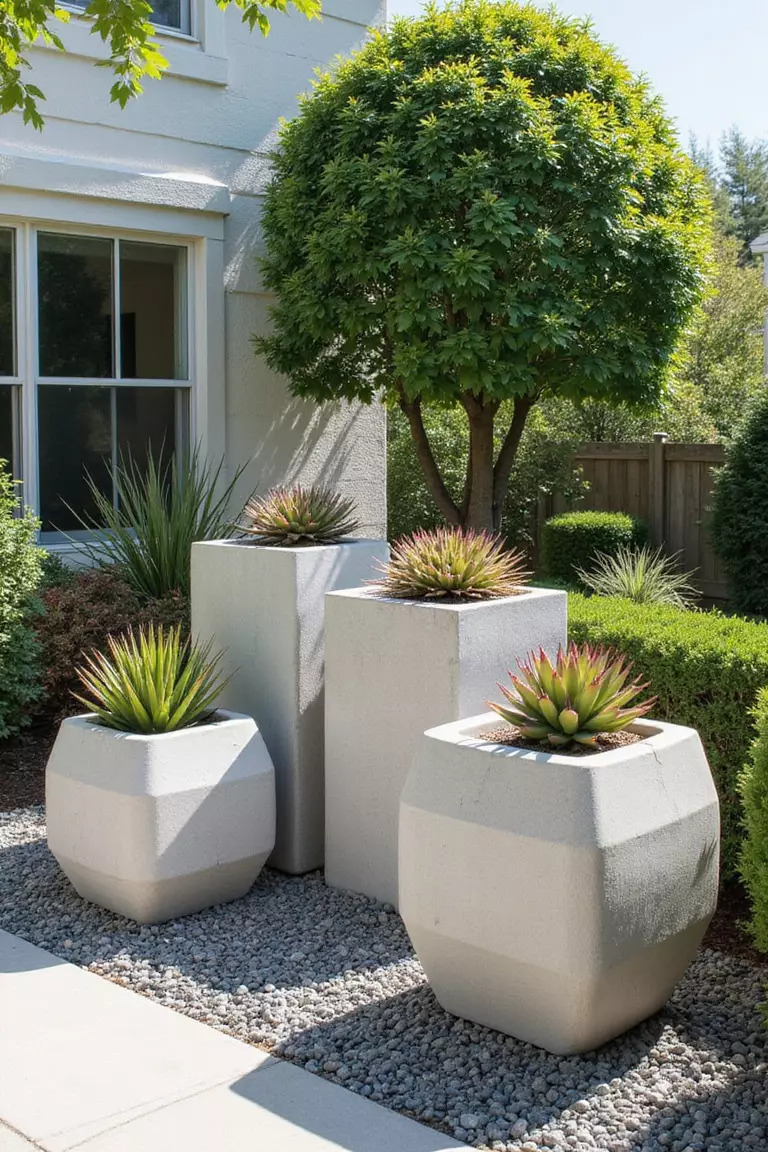 A photo of a typical American home's garden with modern, geometric concrete planters in various sizes containing sculptural plants and succulents.